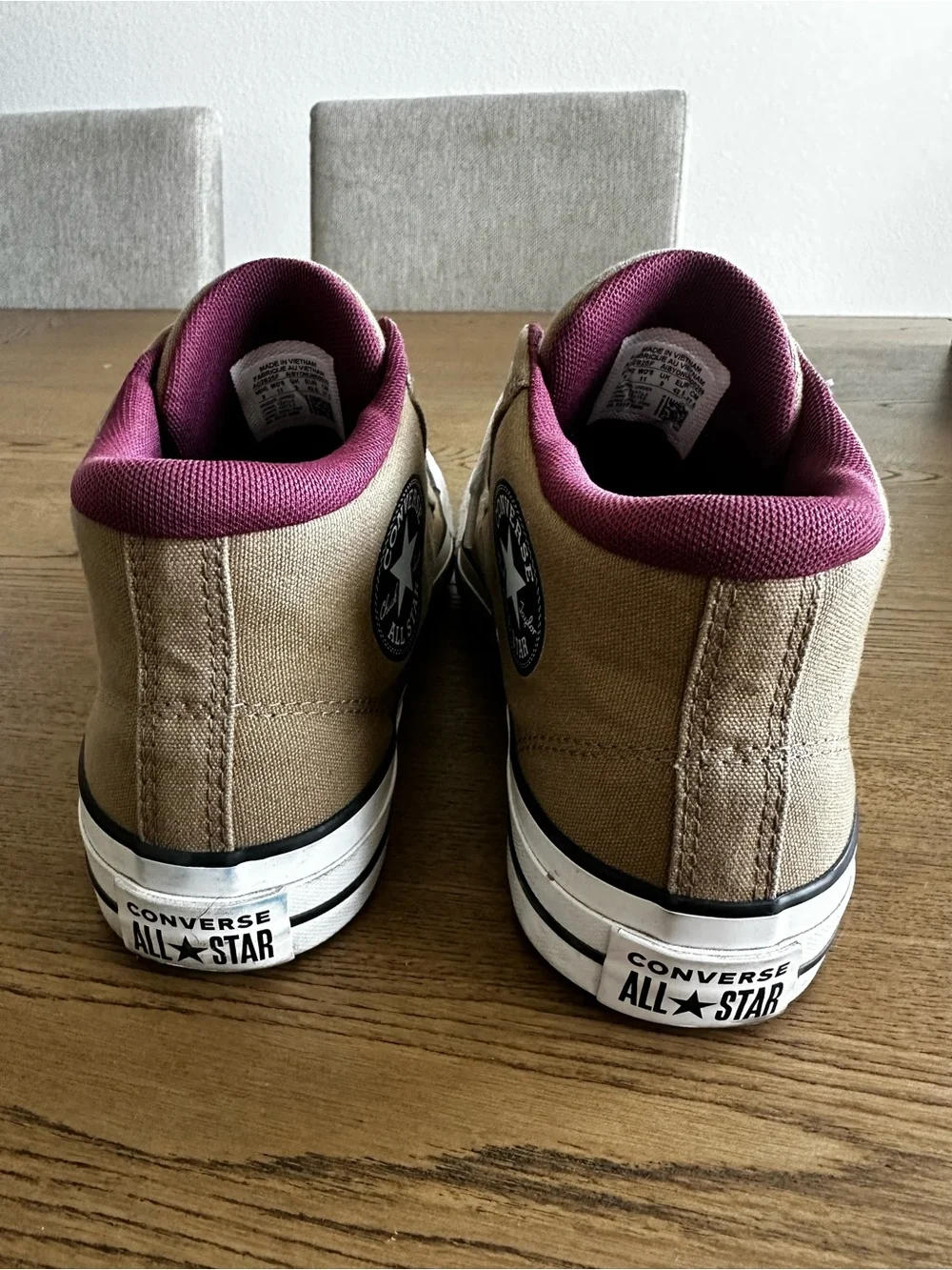 Converse Mid-Top Sneakers in Tan and White with Maroon Lining